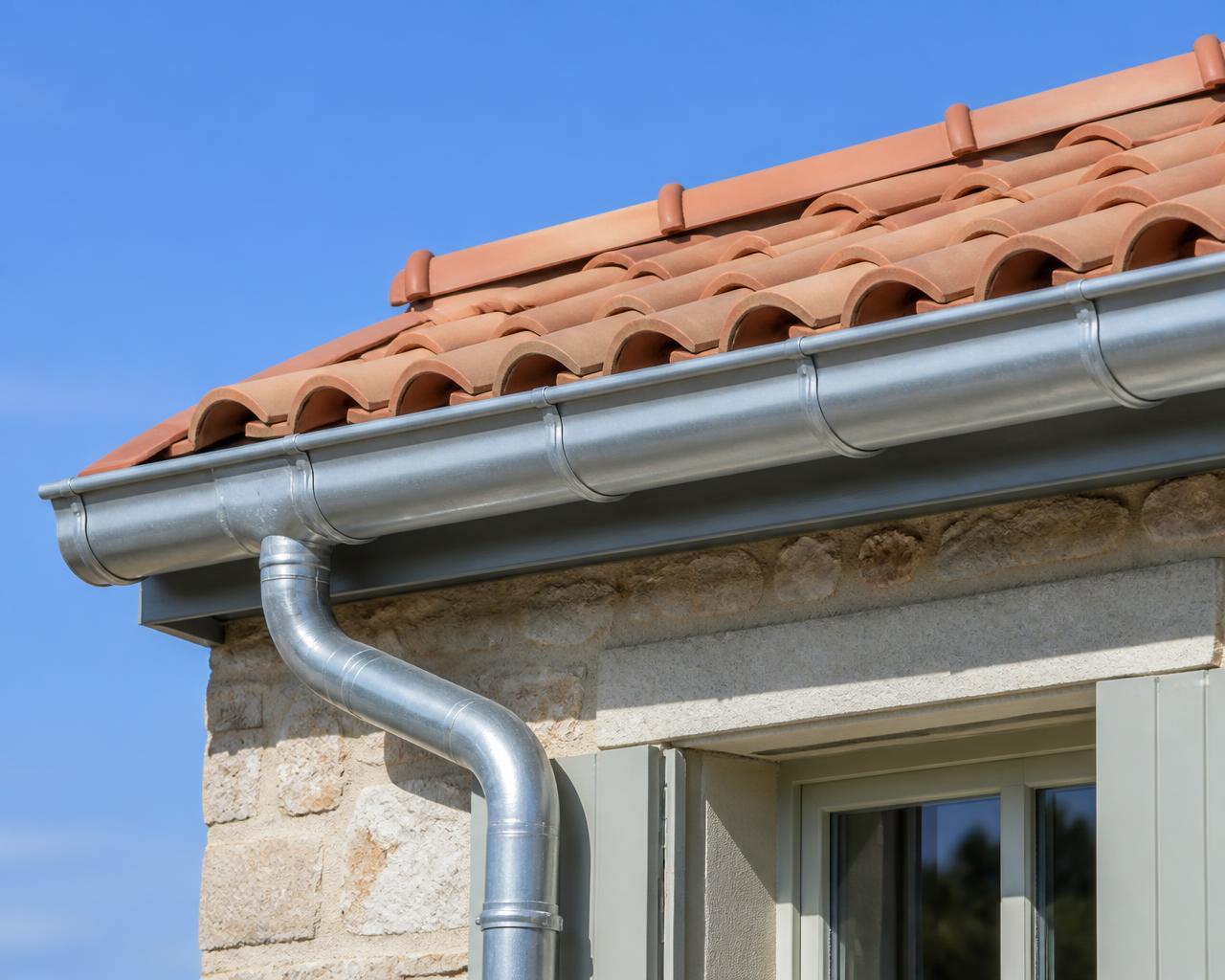 Gouttière en zinc et tuiles neuves sur une maison rénovée